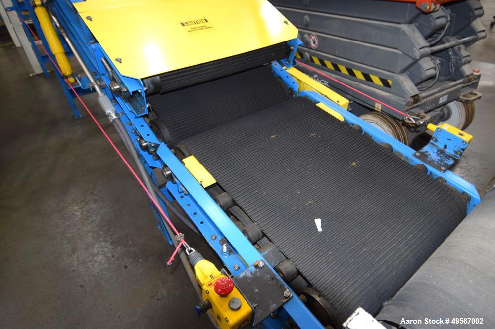 Used Westfalia Technologies Bag Flattener Inclined Rubber Belt Conveyor, Model 410-B. Approximate 24" wide x 16' long. Each belt driven by a gear motor. Serial# 08-4748.