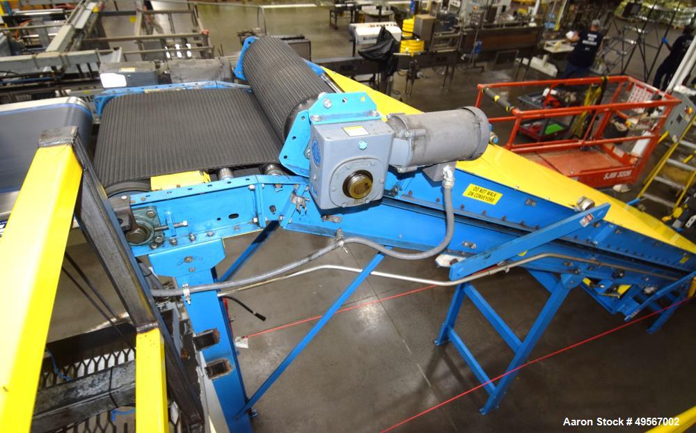 Used Westfalia Technologies Bag Flattener Inclined Rubber Belt Conveyor, Model 410-B. Approximate 24" wide x 16' long. Each belt driven by a gear motor. Serial# 08-4748.