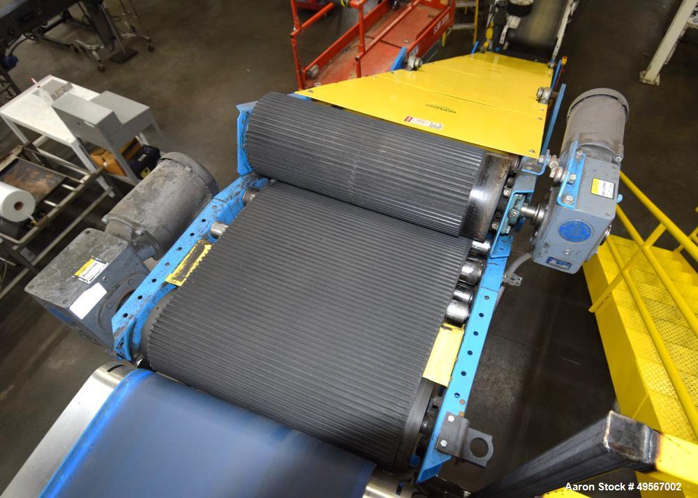 Used Westfalia Technologies Bag Flattener Inclined Rubber Belt Conveyor, Model 410-B. Approximate 24" wide x 16' long. Each belt driven by a gear motor. Serial# 08-4748.
