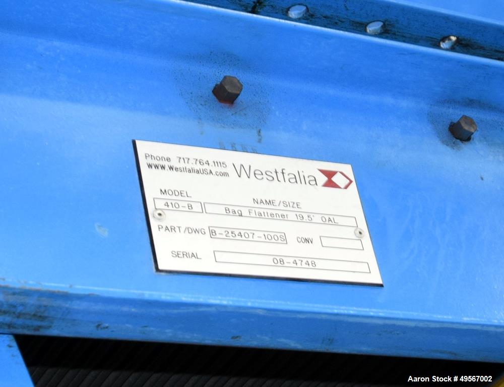 Used Westfalia Technologies Bag Flattener Inclined Rubber Belt Conveyor, Model 410-B. Approximate 24" wide x 16' long. Each belt driven by a gear motor. Serial# 08-4748.