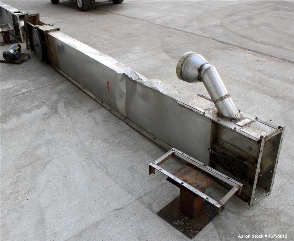 Used Bucket Elevator, Vertical. Approximate 12' Tall housing with 3-1/4" long x 4" wide x 3" deep poly buckets on 5-1/2" centers. Driven by a 0.5hp, 3/60/208-230/460 volt, 1725 rpm motor. 304 Stainle...