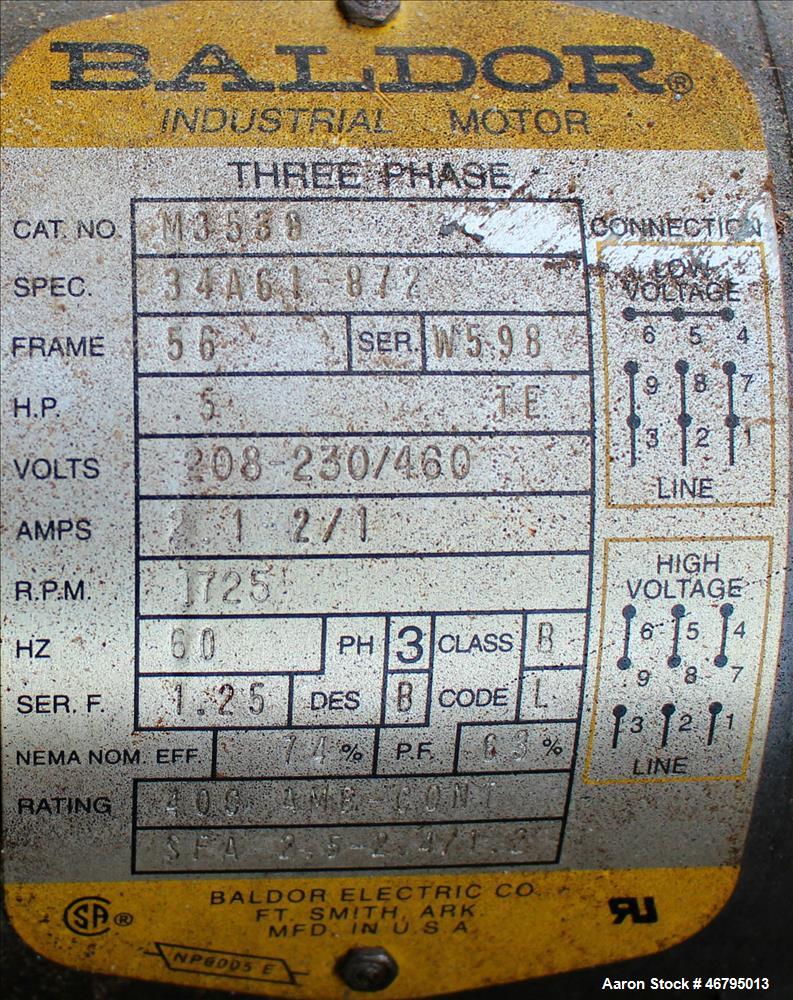 Used Bucket Elevator, Vertical. Approximate 12' Tall housing with 3-1/4" long x 4" wide x 3" deep poly buckets on 5-1/2" centers. Driven by a 0.5hp, 3/60/208-230/460 volt, 1725 rpm motor. 304 Stainle...