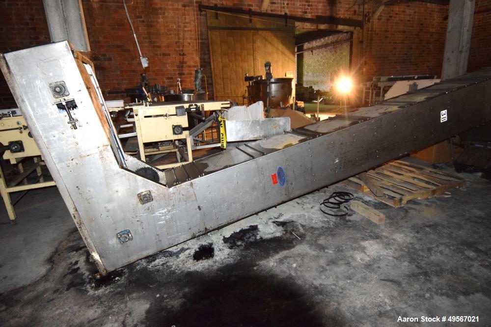 Used Schebbler Bucket Elevator. Plastic buckets approximate 14-1/2" wide x 6" long x 4" deep, stainless steel housing. Bottom horizontal section approximate 4' long, vertical section approximate 15' ...