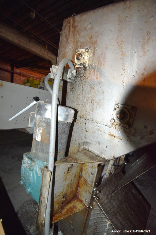 Used Schebbler Bucket Elevator. Plastic buckets approximate 14-1/2" wide x 6" long x 4" deep, stainless steel housing. Bottom horizontal section approximate 4' long, vertical section approximate 15' ...