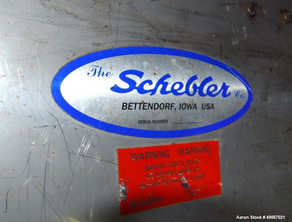 Used Schebbler Bucket Elevator. Plastic buckets approximate 14-1/2" wide x 6" long x 4" deep, stainless steel housing. Bottom horizontal section approximate 4' long, vertical section approximate 15' ...