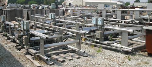 USED:Allen Machinery bucket conveyor, model BED42910.  Rated 36    buckets a minute (3) 304 stainless steel horizontal sections approx36" wide x 48" long vibratory discharge conveyors. Includes plast...