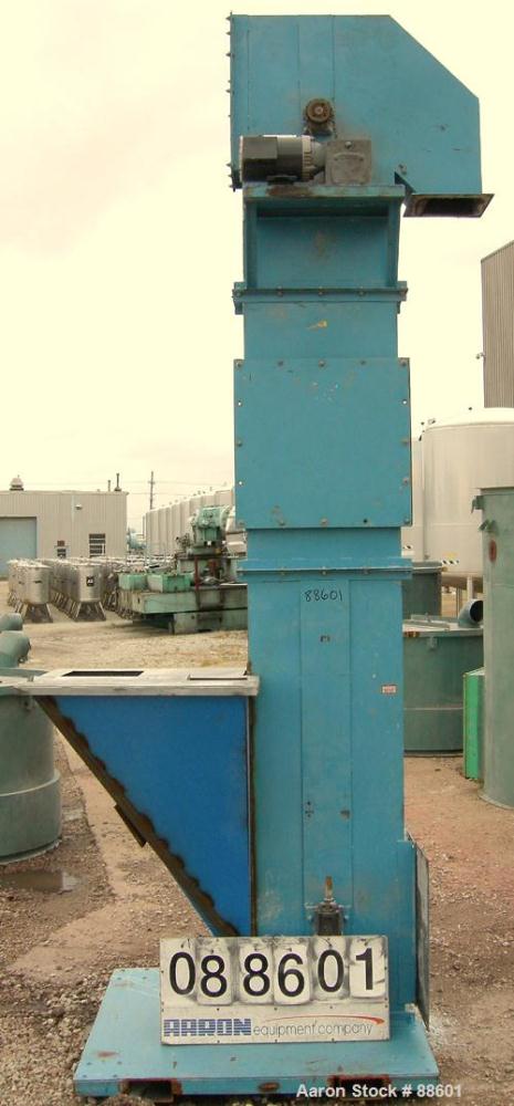 USED: American Bulk Conveying bucket elevator, model G4, carbon steel. 5-1/2" wide x 4" long x 4" deep cast iron buckets on approximate 12" centers, driven by a 1 hp, 3/60/208-230/460 volt, 1725 rpm ...