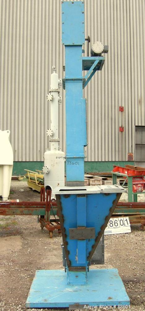 USED: American Bulk Conveying bucket elevator, model G4, carbon steel. 5-1/2" wide x 4" long x 4" deep cast iron buckets on approximate 12" centers, driven by a 1 hp, 3/60/208-230/460 volt, 1725 rpm ...