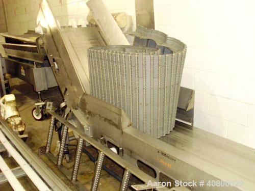 Used Inclined Belt Conveyor, 304 stainless steel frame. 24" wide x 84" long bottom infeed section, 48" long incline section, approximate 48" discharge height. Driven by a 3/4 hp, 1/60/575 volt, 1725 ...