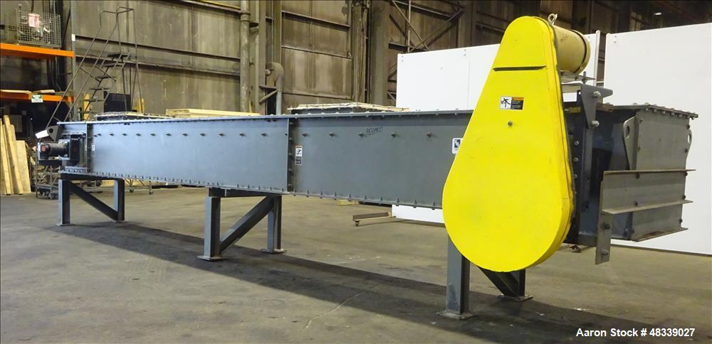 Used KWS Drag Conveyor, Model 31WX25HX23-6, Carbon Steel. 31" Wide x 25" tall x 23'6" long dual chain flat bottom conveyor. Designed for 2750 cubic feet per hour at 80 pounds a cubic foot. 25" x 25" ...