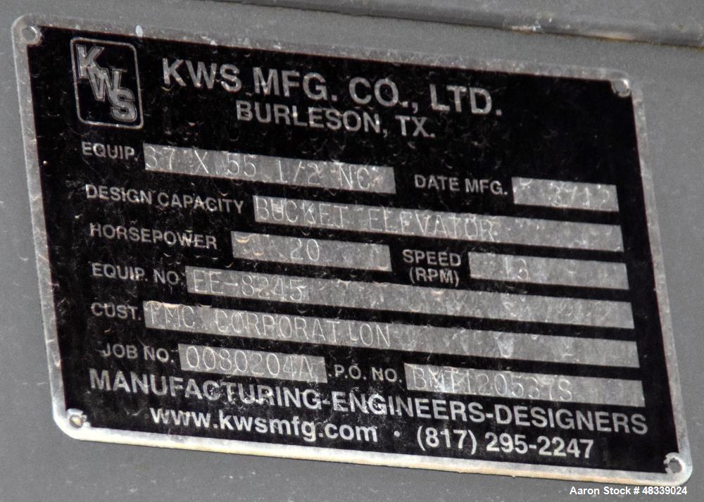 Used KWS Bucket Elevator, Model 37X55-1/2 NC, Carbon Steel. 70’ Shaft centers, capable of 160 tons per hour of Trona Ore at 85 pounds per cubic foot, operating capacity 80 short tons per hour. Dimens...