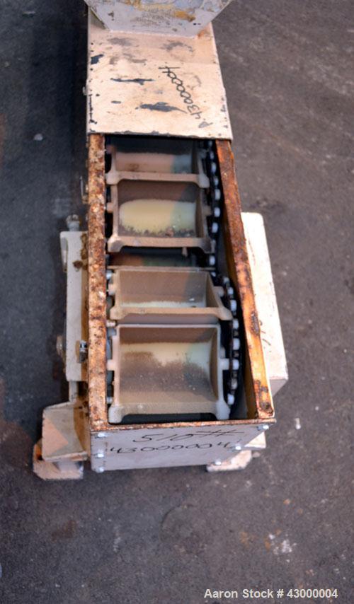Used RBM Conveyor Systems Bucket Elevator, Model S100-6SW-DC, Carbon Steel. Standard S design. Approximately 240 cubic feet an hour capacity.  0.82 Liter plastic bucket volume, 6 wide x 4-1/2 long x ...