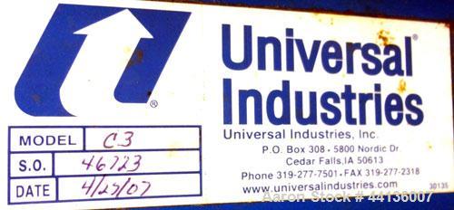 Used Universal Industries Vertical Bucket Elevator, Model C3-175, Carbon Steel. Capacity free flowing material 220 cubic feet per hour, approximately 27’ discharge height, 29’ overall height. Plastic...