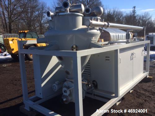 Unused- AZO Pneumatic Conveyor. Skid mounted. Includes: hopper, filters, blower, electric motor, rotary airlock, soundproof enclosure, control box, stainless steel plumbing. Max blower vacuum suction...