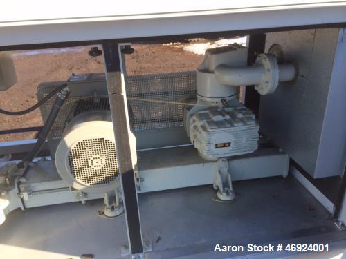 Unused- AZO Pneumatic Conveyor. Skid mounted. Includes: hopper, filters, blower, electric motor, rotary airlock, soundproof enclosure, control box, stainless steel plumbing. Max blower vacuum suction...