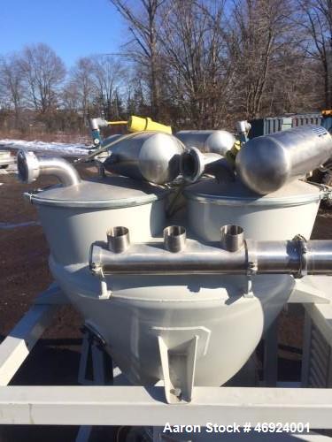 Unused- AZO Pneumatic Conveyor. Skid mounted. Includes: hopper, filters, blower, electric motor, rotary airlock, soundproof enclosure, control box, stainless steel plumbing. Max blower vacuum suction...