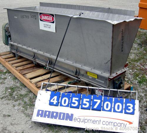 Used Screw conveyor, 304 stainless steel, horizontal. 9" diameter x 77" long x 4 1/2" pitch screw. Split hinged trough 10" wide x 76" long x 11" deep. Bolt on top feed hopper, end bottom outlet. Driv...