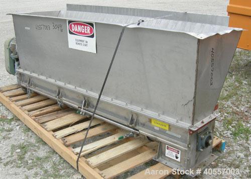 Used Screw conveyor, 304 stainless steel, horizontal. 9" diameter x 77" long x 4 1/2" pitch screw. Split hinged trough 10" wide x 76" long x 11" deep. Bolt on top feed hopper, end bottom outlet. Driv...