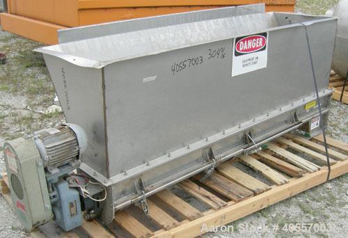 Used Screw conveyor, 304 stainless steel, horizontal. 9" diameter x 77" long x 4 1/2" pitch screw. Split hinged trough 10" wide x 76" long x 11" deep. Bolt on top feed hopper, end bottom outlet. Driv...