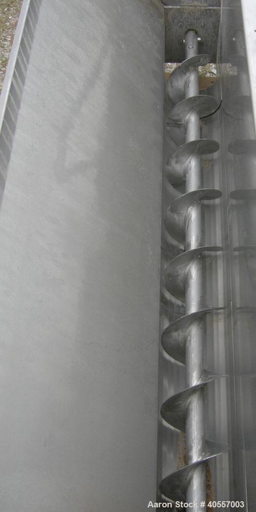Used Screw conveyor, 304 stainless steel, horizontal. 9" diameter x 77" long x 4 1/2" pitch screw. Split hinged trough 10" wide x 76" long x 11" deep. Bolt on top feed hopper, end bottom outlet. Driv...