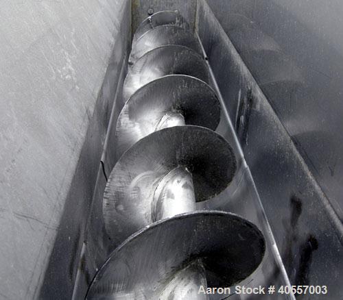 Used Screw conveyor, 304 stainless steel, horizontal. 9" diameter x 77" long x 4 1/2" pitch screw. Split hinged trough 10" wide x 76" long x 11" deep. Bolt on top feed hopper, end bottom outlet. Driv...