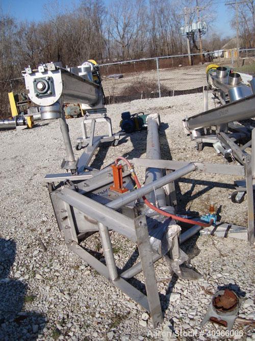 Used Incline screw conveyor, 304 stainless steel. 6" diameter x 168" long x 3" pitch screw with 7" diameter enclosed tube, driven by a 5 hp, 3/60/460 volt, 1760 rpm motor thru a Dodge reducer,
