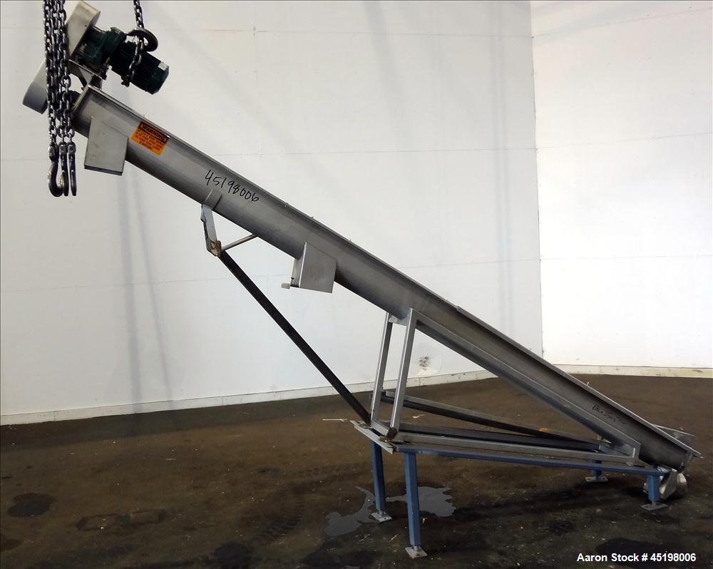 Used Incline Screw Conveyor, 304 Stainless Steel. 6" Diameter x 156" long x 3" pitch screw. Top end feed, bottom end discharge. (2) Section top cover. Driven by a 2hp, 3/60/230/460 volt, 1740 rpm gea...