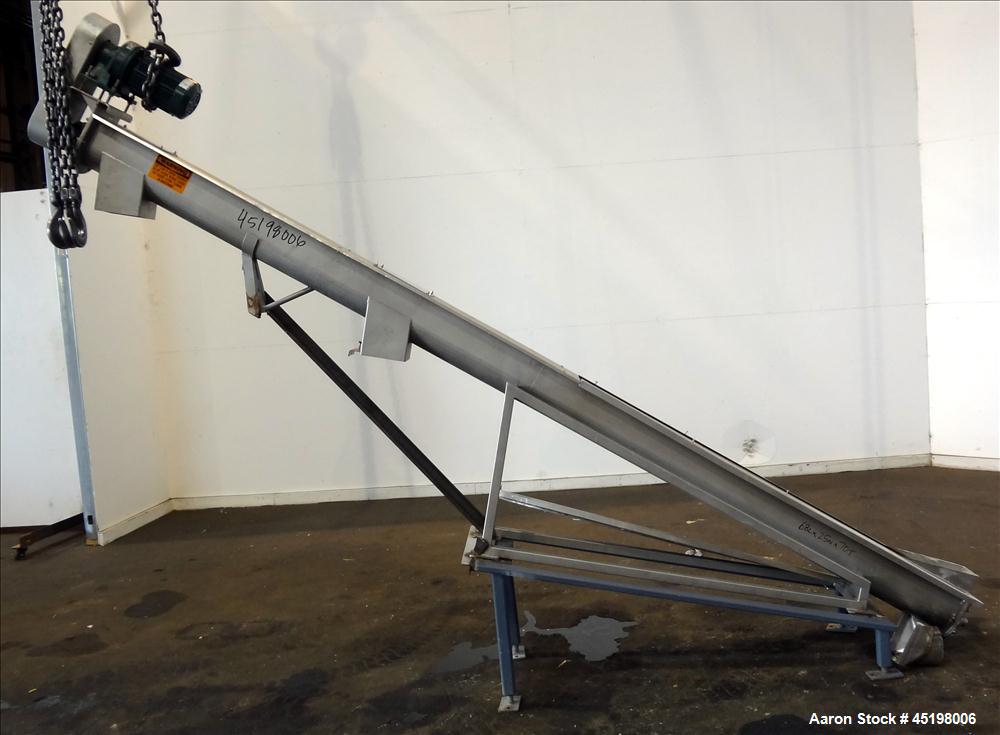 Used Incline Screw Conveyor, 304 Stainless Steel. 6" Diameter x 156" long x 3" pitch screw. Top end feed, bottom end discharge. (2) Section top cover. Driven by a 2hp, 3/60/230/460 volt, 1740 rpm gea...