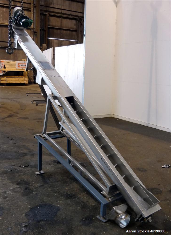 Used Incline Screw Conveyor, 304 Stainless Steel. 6" Diameter x 156" long x 3" pitch screw. Top end feed, bottom end discharge. (2) Section top cover. Driven by a 2hp, 3/60/230/460 volt, 1740 rpm gea...