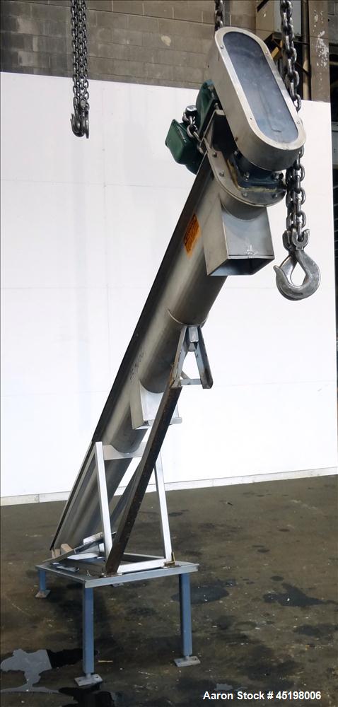 Used Incline Screw Conveyor, 304 Stainless Steel. 6" Diameter x 156" long x 3" pitch screw. Top end feed, bottom end discharge. (2) Section top cover. Driven by a 2hp, 3/60/230/460 volt, 1740 rpm gea...
