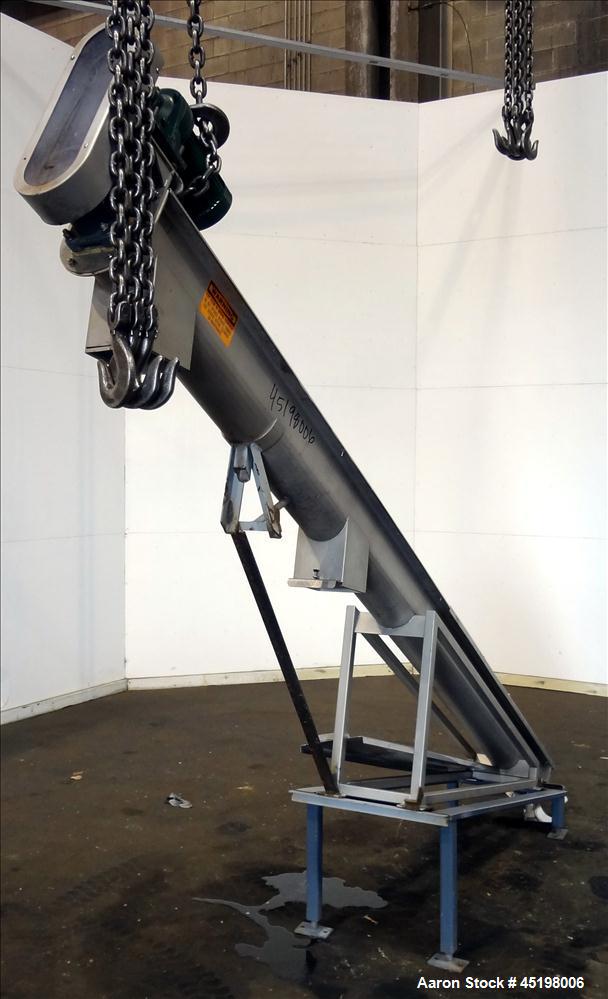 Used Incline Screw Conveyor, 304 Stainless Steel. 6" Diameter x 156" long x 3" pitch screw. Top end feed, bottom end discharge. (2) Section top cover. Driven by a 2hp, 3/60/230/460 volt, 1740 rpm gea...