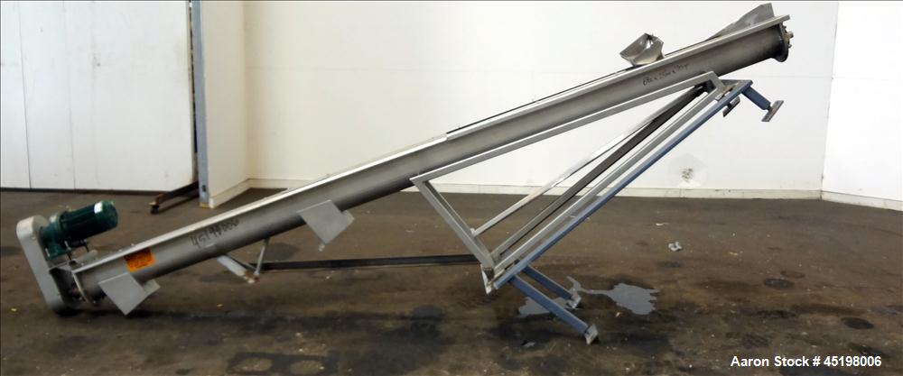 Used Incline Screw Conveyor, 304 Stainless Steel. 6" Diameter x 156" long x 3" pitch screw. Top end feed, bottom end discharge. (2) Section top cover. Driven by a 2hp, 3/60/230/460 volt, 1740 rpm gea...