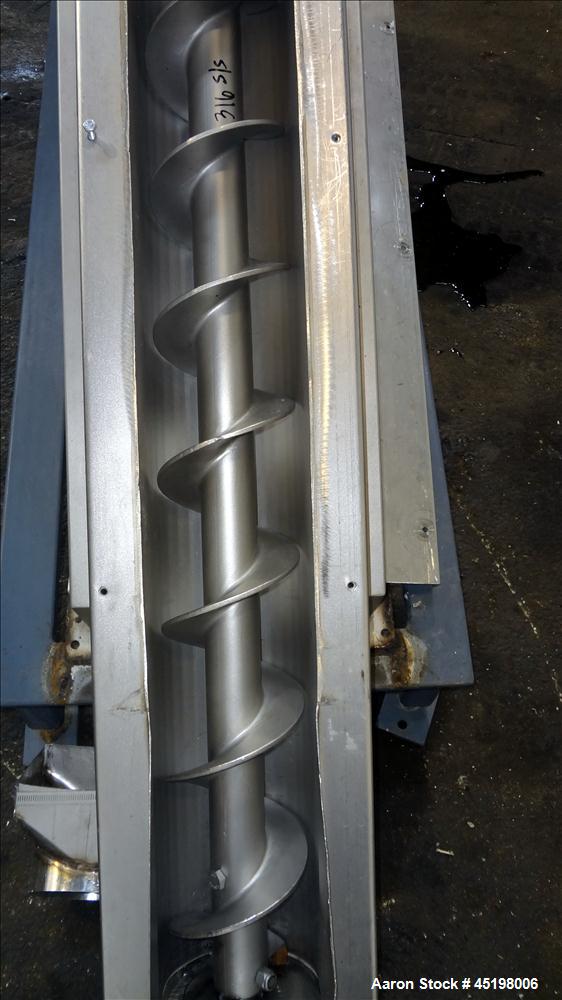 Used Incline Screw Conveyor, 304 Stainless Steel. 6" Diameter x 156" long x 3" pitch screw. Top end feed, bottom end discharge. (2) Section top cover. Driven by a 2hp, 3/60/230/460 volt, 1740 rpm gea...