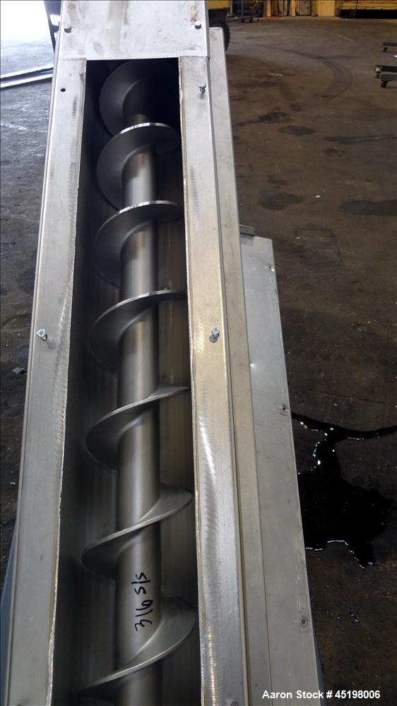 Used Incline Screw Conveyor, 304 Stainless Steel. 6" Diameter x 156" long x 3" pitch screw. Top end feed, bottom end discharge. (2) Section top cover. Driven by a 2hp, 3/60/230/460 volt, 1740 rpm gea...