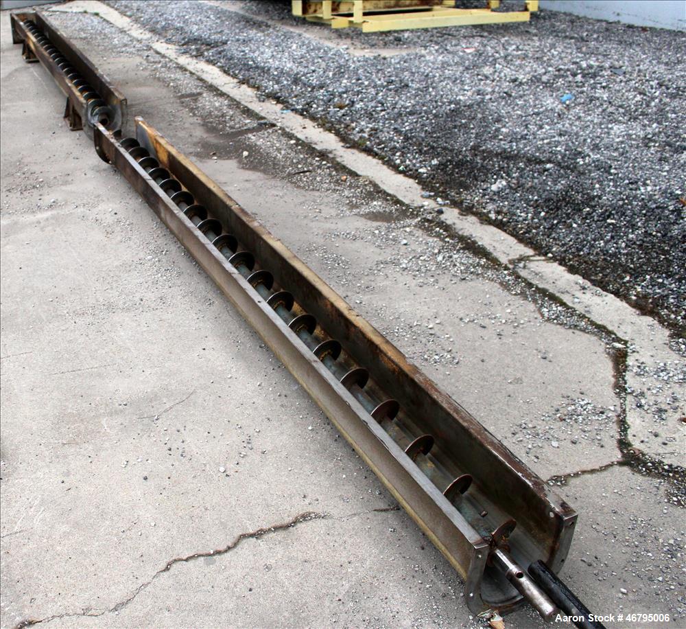 Used Screw Conveyor, Horizontal. Carbon steel screw 6" diameter x 40' long x 6" pitch. 304 Stainless steel trough, approximate 40' long x 7" wide x 8" deep, no top cover. Driven by a 1hp, 3/60/208-23...
