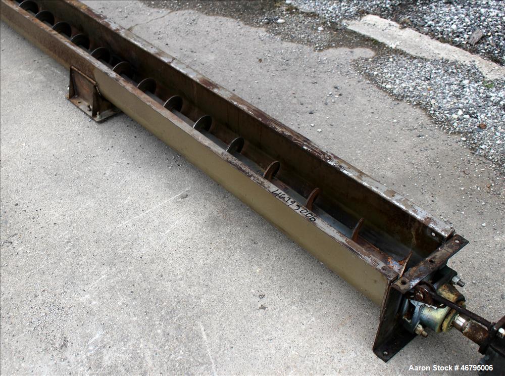 Used Screw Conveyor, Horizontal. Carbon steel screw 6" diameter x 40' long x 6" pitch. 304 Stainless steel trough, approximate 40' long x 7" wide x 8" deep, no top cover. Driven by a 1hp, 3/60/208-23...