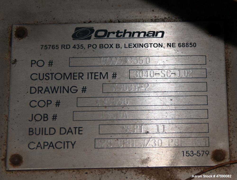 Unused- Orthman Screw Conveyor, 316 Stainless Steel. Approximate 12” diameter x 273” long screw, 6” pitch. Maximum capacity 40 cubic feet per hour at 50 pounds a cubic foot material density. Driven b...