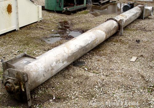 USED: Screw conveyor, enclosed tube, 304 stainless steel, horizontal. 12" diameter x 216" long screw. 12" x 12" end top feed, 12" x 12" end bottom outlet. Driven by a 10 hp, 3/60/208-230/460 volt, 17...