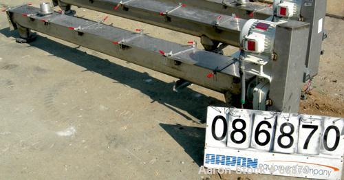 USED: Screw Conveyor, 304 stainless steel, horizontal. 6" diameter x 128" long x 3" pitch screw. Clamp down top covers. (2) 4" bottom outlets, (1) 4" top opening. Driven by a 1 hp, 3/60/230/460 volt,...