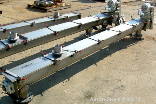 USED: Screw Conveyor, 304 stainless steel, horizontal. 6" diameter x 128" long x 3" pitch screw. Clamp down top covers. (2) 4" bottom outlets, (1) 4" top opening. Driven by a 1 hp, 3/60/230/460 volt,...