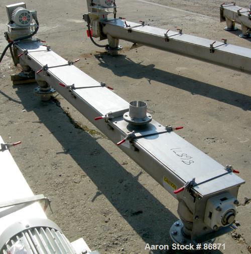 USED: Screw Conveyor, 304 stainless steel, horizontal. 6" diameter x 128" long x 3" pitch screw. Clamp down top covers. (3) 4" bottom outlets, (1) 4" top opening. Driven by a 1 hp, 3/60/230/460 volt,...