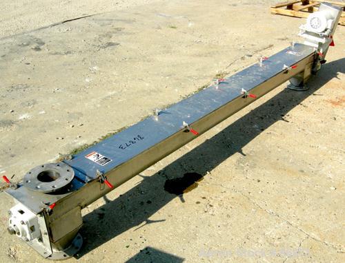 USED: Screw conveyor, 304 stainless steel, horizontal. 6" diameter x 120" long x 3" pitch screw. Clamp down top covers. (2) 4" bottom outlets, (1) 4" top opening. Driven by a 1 hp, 3/60/208-230/460 v...
