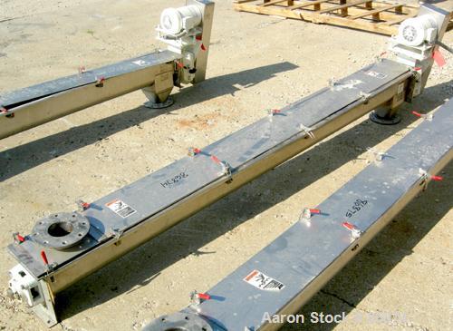 USED: Screw conveyor, 304 stainless steel, horizontal. 6" diameter x 112" long x 3" pitch screw. Clamp down top covers. (1) 4" bottom outlet, (1) 4" top opening. Driven by a 1 hp, 3/60/208-230/460 vo...