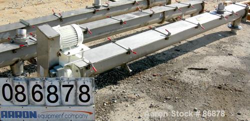 USED: Screw conveyor, 304 stainless steel, horizontal. 6" diameter x 128" long x 3" pitch screw. Clamp down top covers. (2) 4" bottom outlets, (1) 4" top opening. Driven by a 1 hp, 3/60/230/460 volt,...