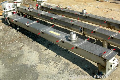 USED: Screw conveyor, 304 stainless steel, horizontal. 6" diameter x 128" long x 3" pitch screw. Clamp down top covers. (2) 4" bottom outlets, (1) 4" top opening. Driven by a 1 hp, 3/60/230/460 volt,...