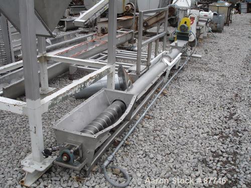 USED: Inclined screw conveyor, stainless steel. 6" diameter x 14' long screw. 8" diameter x 14' long enclosed tube with a feed hopper, approximate 10' discharge height. Driven by a 1 hp, 3/60/230/460...