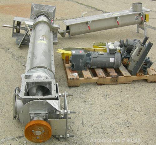 Unused-USED:Dalex screw conveyor, 304 stainless steel, 2 section horizontal with a vertical riser.  Horizontal section 9" diameter screw x approx. 70" long x 4" pitch.  Trough measures 10" wide x 12"...
