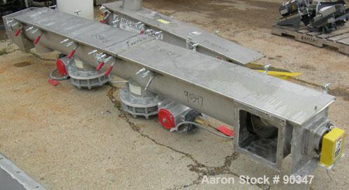 Unused- Dalex Screw conveyor, 304 stainless steel, horizontal. 9" diameter x 111" long x 4" pitch screw. 10" x 10" side opening, (3) 10" bottom outlets. Trough measures 10" wide x 122" long x approxi...