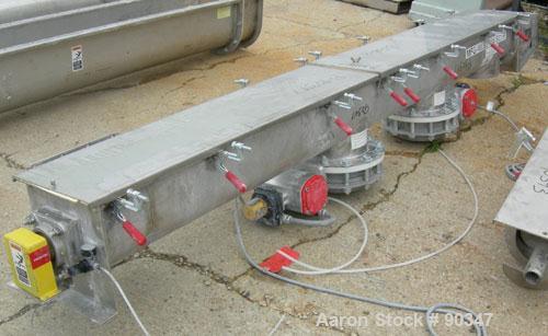 Unused- Dalex Screw conveyor, 304 stainless steel, horizontal. 9" diameter x 111" long x 4" pitch screw. 10" x 10" side opening, (3) 10" bottom outlets. Trough measures 10" wide x 122" long x approxi...