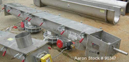 Unused- Dalex Screw conveyor, 304 stainless steel, horizontal. 9" diameter x 111" long x 4" pitch screw. 10" x 10" side opening, (3) 10" bottom outlets. Trough measures 10" wide x 122" long x approxi...